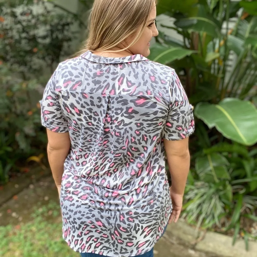 ❤️‍🔥Leopard V-Neck Collar Tab Button Gray Pink 4420